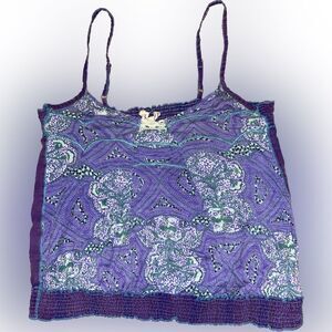 Free People Purple Green Floral Boho Bohemian Ruched Spaghetti Strap Crop Top XS